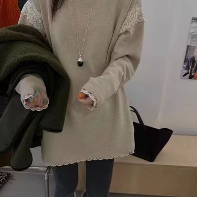 磨毛加绒中长款打底衫2025冬款新款韩版时尚蕾丝拼接软糯舒适上衣