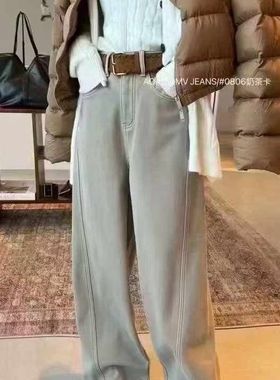 MV0806加绒窄版阔腿牛仔裤女冬2025韩系高腰百搭休闲直筒弯刀长裤