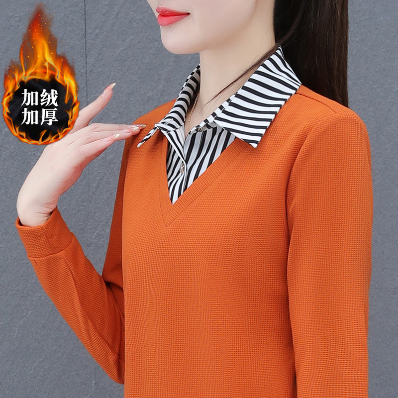 加绒假两件衬衫女长袖秋冬新款中年妈妈衬衣洋气卫衣针织打底上衣