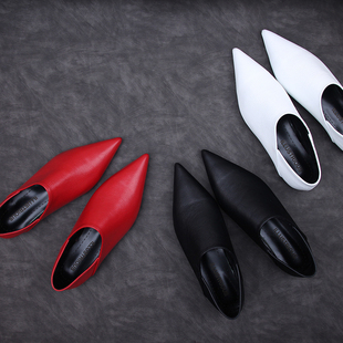 2023春秋新品 欧美范秀场简洁超尖头牛皮深口套脚踩跟两穿平底女鞋