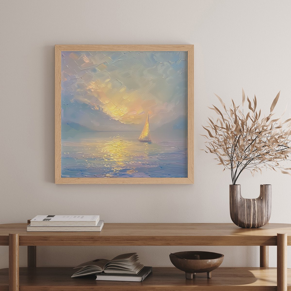 静谧帆影客厅卧室沙发风景自然植物海边装饰画挂画艺术框油画壁画图片