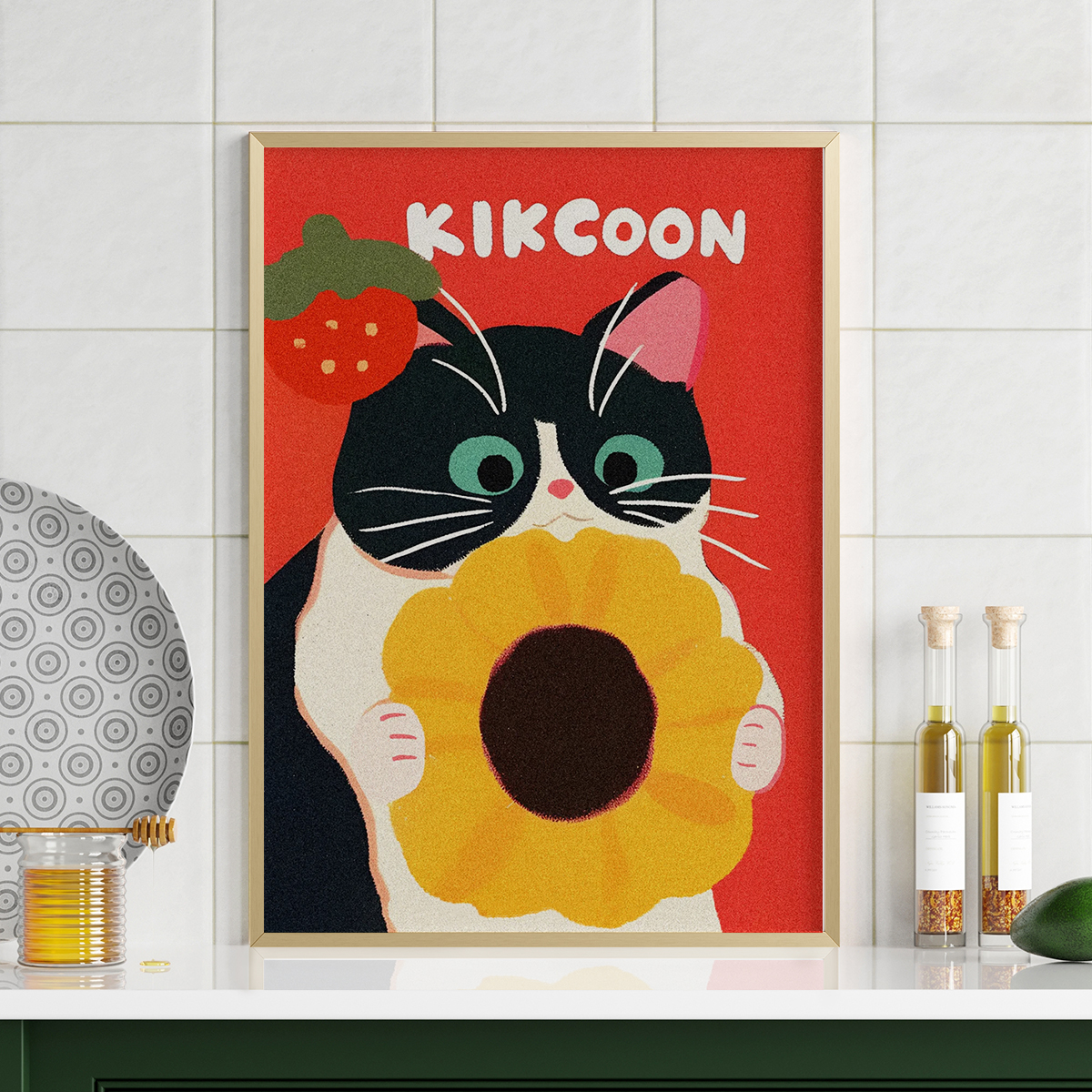 奶牛猫儿童客厅卧室沙发动物猫卡通漫画装饰画挂画艺术框油画壁画图片