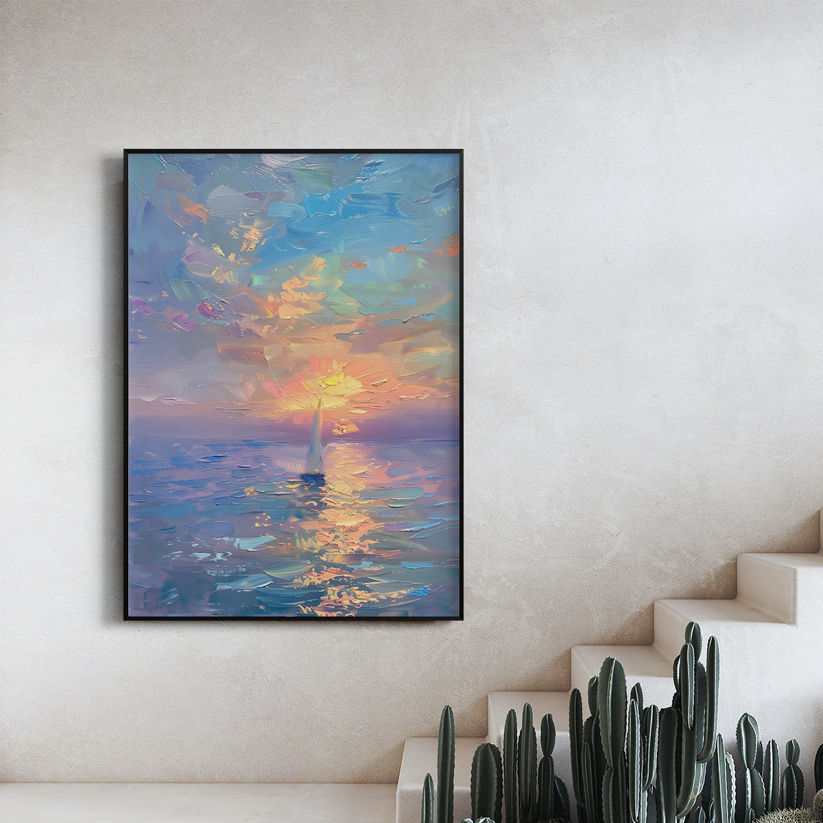 霞光帆影客厅卧室沙发海上风景高级感装饰画挂画艺术框油画壁画