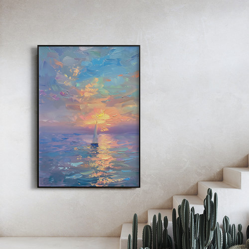 霞光帆影客厅卧室沙发海上风景高级感装饰画挂画艺术框油画壁画