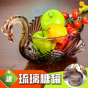 现代客厅茶几家用零食干果糖果水果盘子 创意天鹅水晶玻璃果盘欧式