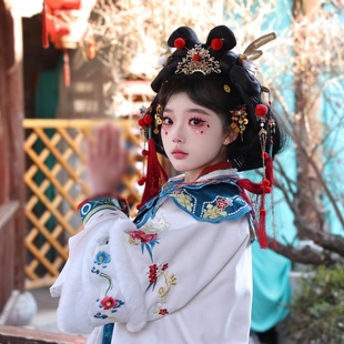 小财神发饰新年红色毛球流苏发钗发冠儿童戏曲风汉服古风头饰套装