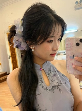 森系 仙美手工真丝烫花牡丹芍药汉服后压头饰 唐风大花朵紫色发夹