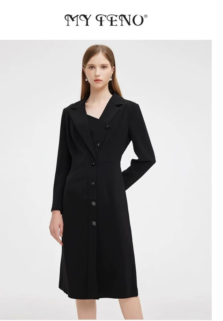 马天奴专柜同款黑色收腰显瘦翻领西装连衣裙简约礼裙MCAT42DR0
