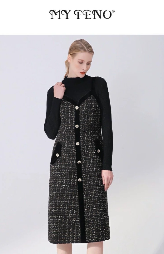 马天奴商场同款撞色小香风粗花呢吊带拼接排扣连衣裙MCAK60DR0