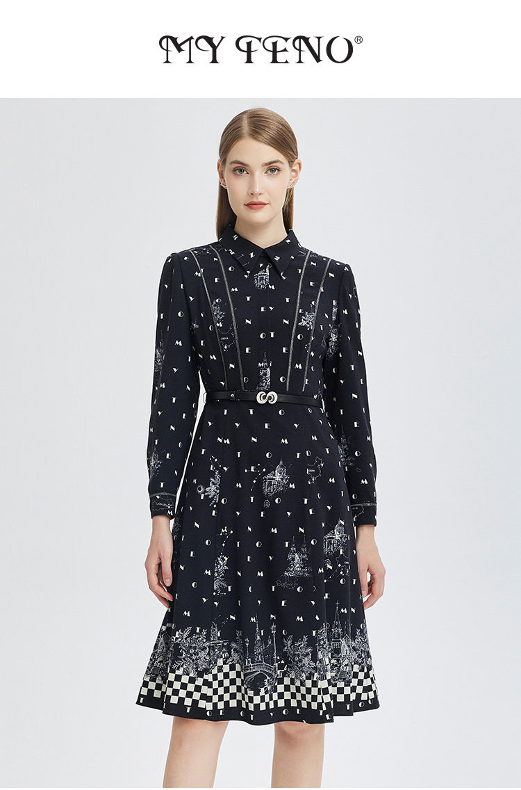 马天奴商场专柜同款绵羊毛印花衬衫领收腰配腰带连衣裙MTA602DRX0