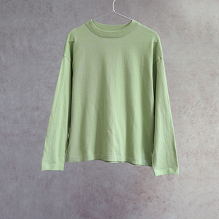 云芝元 冬款淡绿色纯棉圆领落肩高捻针织电脑横机休闲套头衫1317M