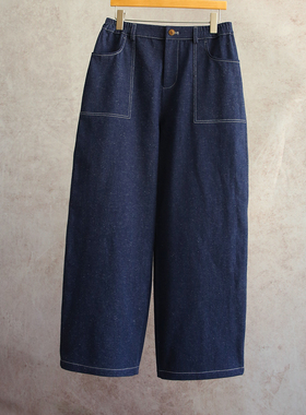 云芝元 设计师26春款汉麻棉靛蓝色牛仔半松紧腰撞色线女款直筒裤