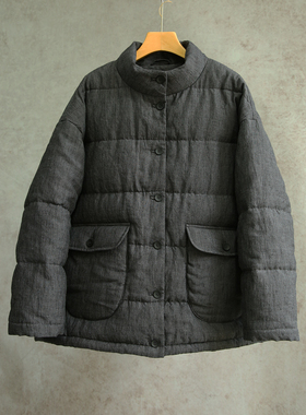 云芝元 设计师新冬款灰色纯汉麻95白鹅绒立领保暖羽绒服2302-B