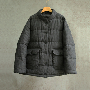 灰色纯汉麻95白鹅绒立领保暖羽绒服2302 云芝元 设计师新冬款