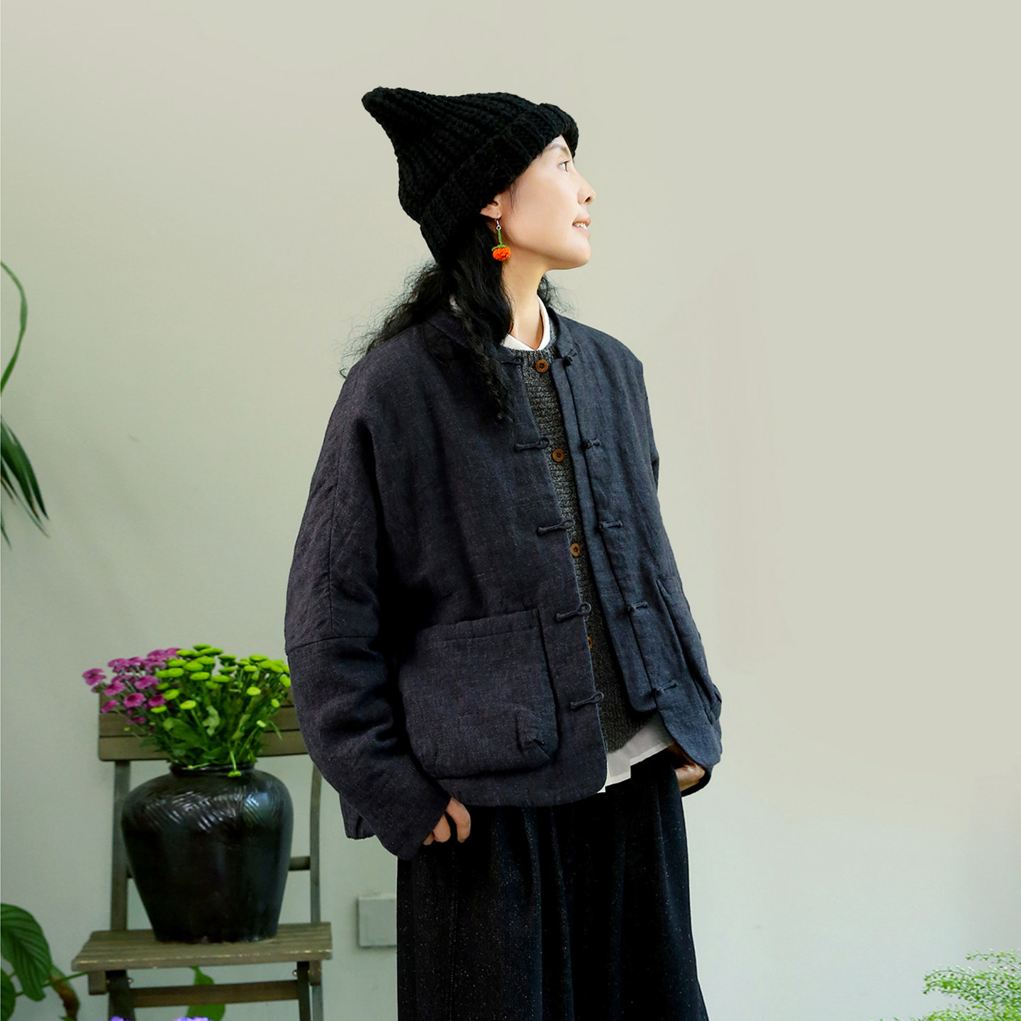 云芝元 雨果灰色汉麻亚麻中式小立领对襟宽松大落肩保暖棉服外套