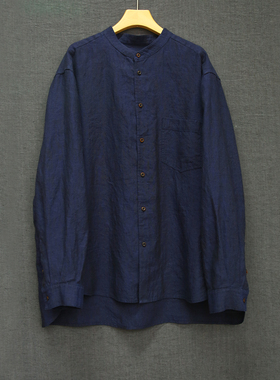 云芝元 原创新冬款藏蓝色织纯汉麻经典立领文长袖男款衬衫0507B