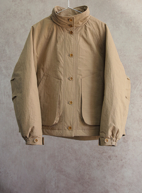 云芝元新冬款高密平纹棉原麻色立领插肩袖女士风衣棉服外套0503-S