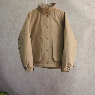 云芝元新冬款高密平纹棉原麻色立领插肩袖女士风衣棉服外套0503-S