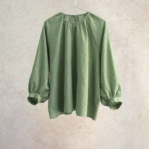 云芝元 设计师26春季新款进口绿色纯棉小格子长袖女士抽褶套头衫