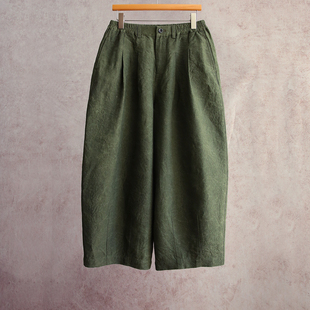 绿色亚麻和纸手工炒色半松紧腰气球裤 新款 26春季 云芝元