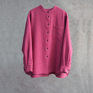 1802 云芝元 休闲女士衬衫 斜纹全棉玫粉色立领长袖 新冬款