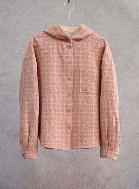 云芝元 新冬款进口橙色格子木棉帽衫套头连帽女士开衫衬衫0801-M