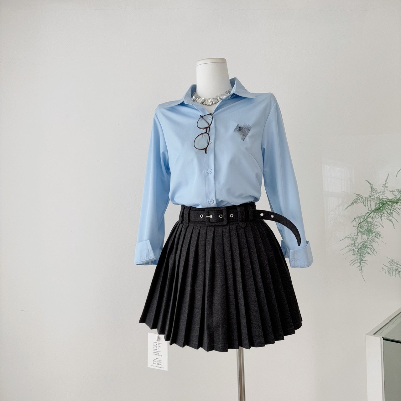 明星赵露思同款衣服穿搭套装蓝色衬衫女上衣2025新款早秋长袖衬衣