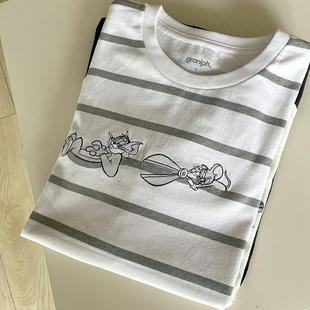 graniph 纯棉男女同款 刺绣猫和老鼠条纹长袖T恤 G2-1