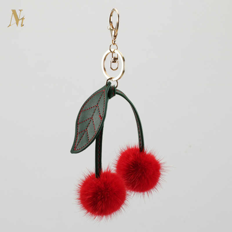 红色樱桃女士水貂毛手机钥匙扣