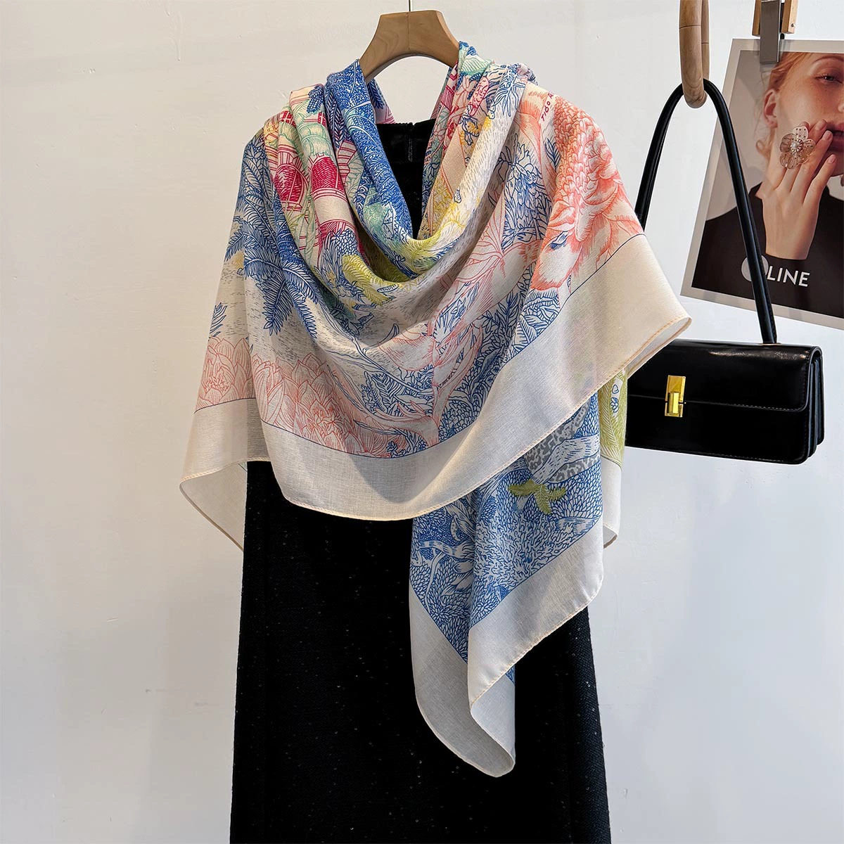 130cm大方巾棉麻质感2026春秋新款植物花卉外搭披肩柔软围巾女士