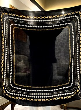 135cm大方巾小香风黑色链条气质双面同色印花真丝羊毛围巾保暖