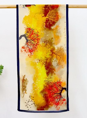 140*35cm真丝长巾国风水墨黄色桑蚕丝双绉围巾高档丝巾薄款春秋女