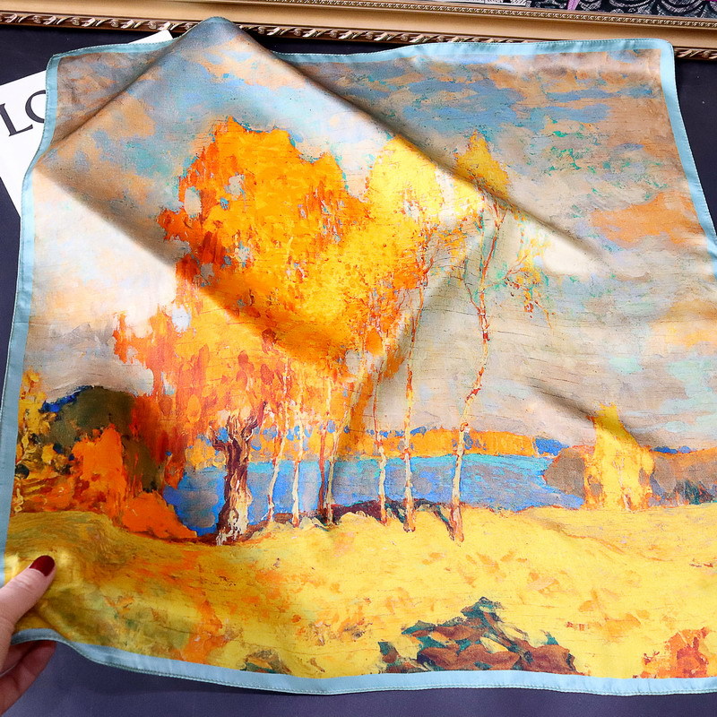 68cm油画真丝中方巾秋意浓丝巾女