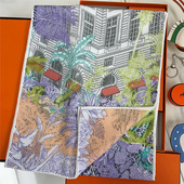 160 33cm治愈系仿丝毛大长巾插画理想居印花丝巾御寒保暖披肩围巾