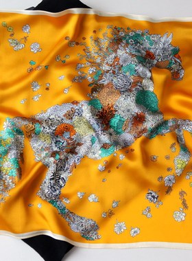 马年真丝小方巾53cm骏马欧美风H素缎桑蚕丝围巾领巾高级黄色蓝色