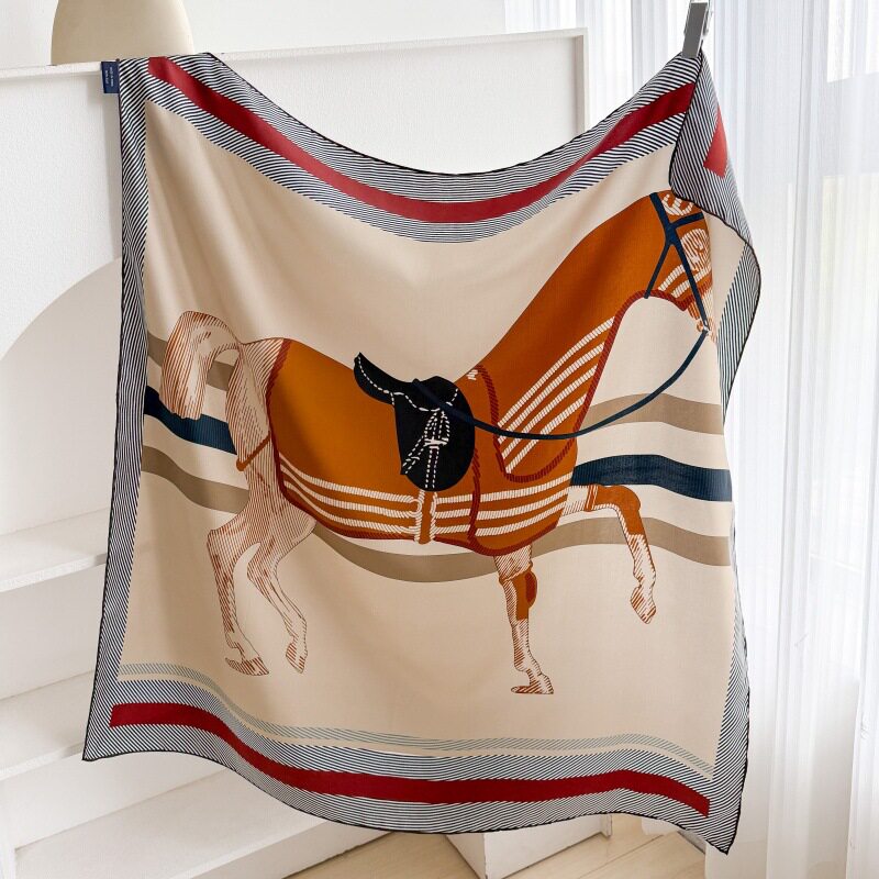 88cm慵懒真丝大方巾斜纹桑蚕丝柔软百搭瑞马星云印花领巾外搭披肩