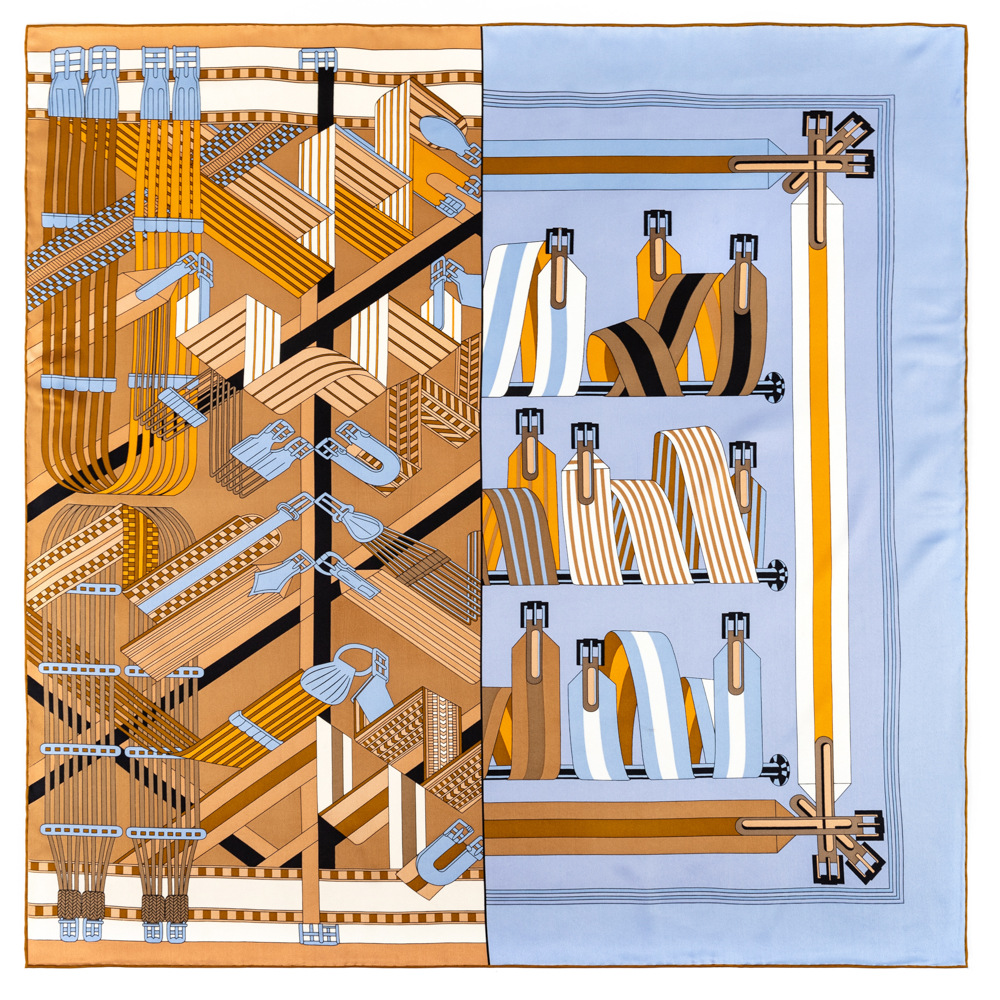 新款手工卷边丝巾女90cm斜纹绸方巾条纹皮带印花丝巾围巾披肩头巾