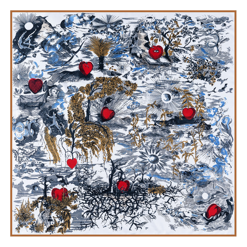 新款手工卷边丝巾女90cm斜纹绸方巾树木爱心印花时尚围巾披肩头巾