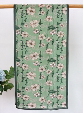 绿色双绉长巾花朵真丝防晒丝巾