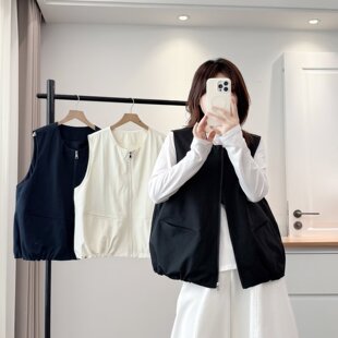 马夹上衣 拉链欧货马甲背心女宽松叠穿无袖 大码 胖mm设计感短款