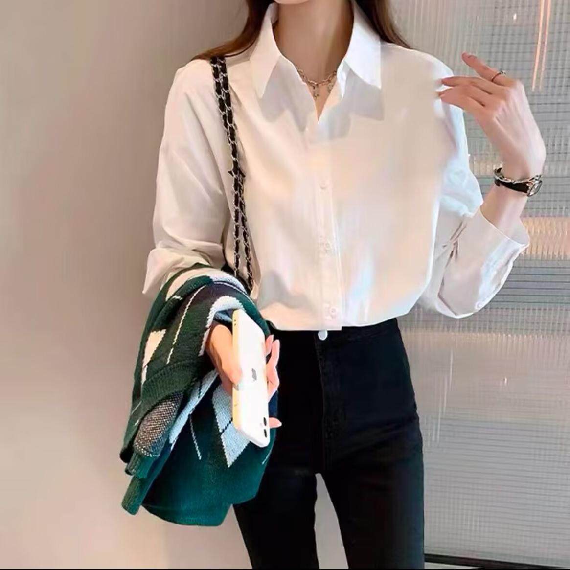 2H618胖妹妹mm大码白衬衫工装服纯棉白衬衣长袖打底白领上班叠穿