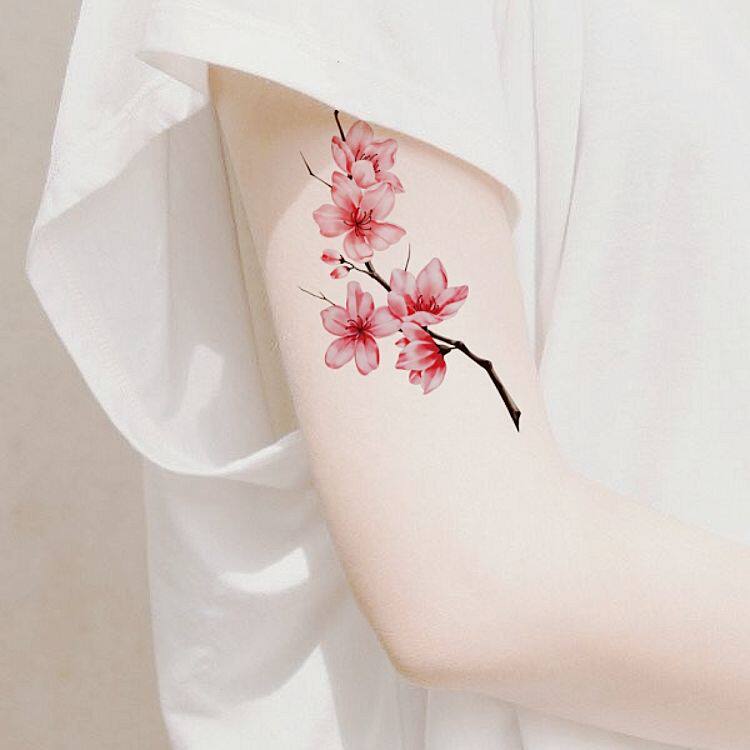 小清新性感锁骨纹身贴粉红桃花大图古风梅花手臂樱花花朵图案贴纸