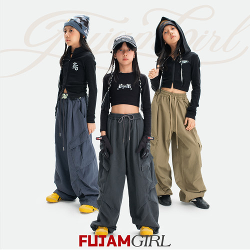 FUJAM儿童街舞潮牌多口袋爵士舞宽松工装裤美式伞兵裤hiphop跳舞