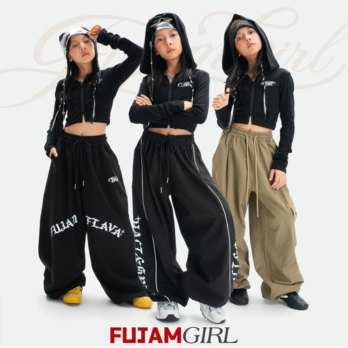 FUJAM儿童街舞潮牌简约印花女童爵士舞修身长袖jazz跳舞演出上衣