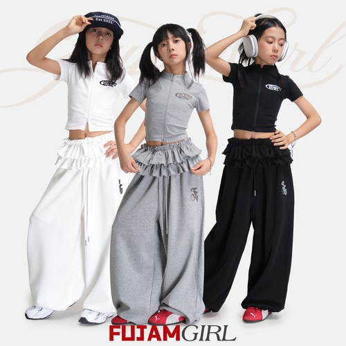 FUJAM儿童街舞潮牌女童爵士舞阔腿裤美式街头hiphop跳舞运动卫裤