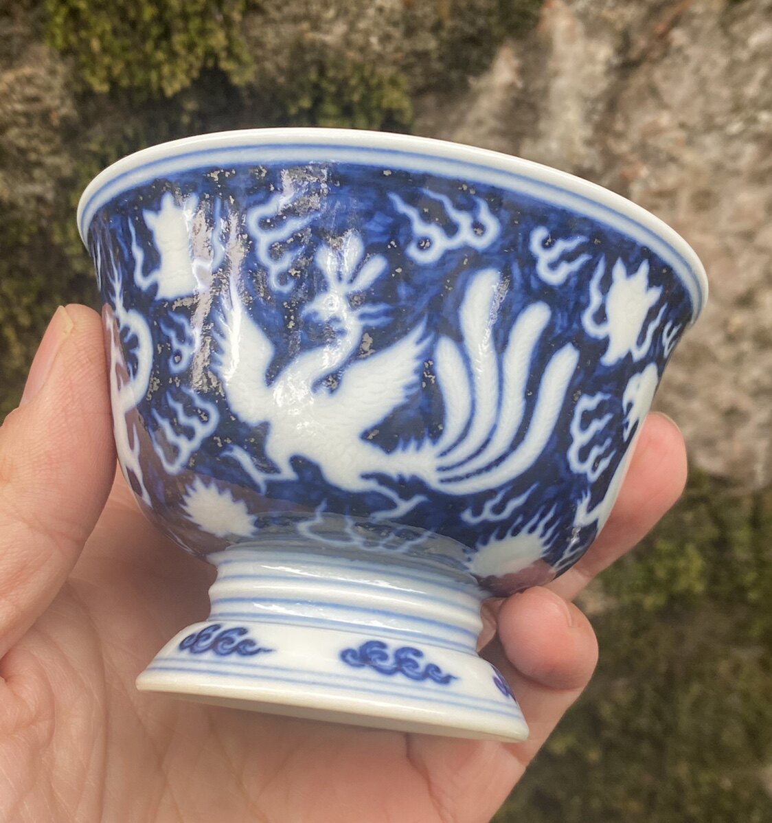 小雅青花 仿明 阮定荣御珍藏 紫气东来 高脚杯 茶杯 茶具 暗刻