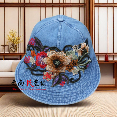 民族风刺绣花牛仔渔夫帽太阳帽