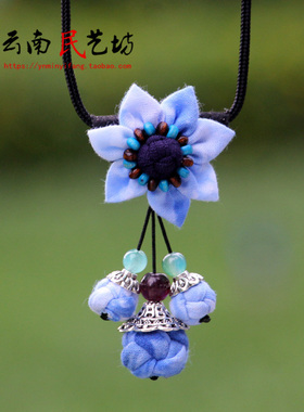 布艺麻绳女扎染蓝染项链