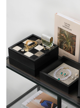 棋盘格马毛木质收纳储物首饰盒样板间售楼处卧室衣帽间梳妆台摆件