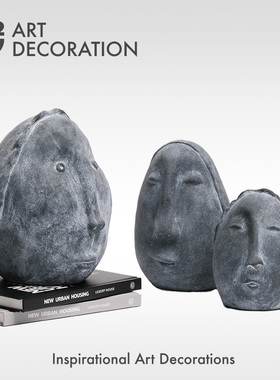 侘寂风仿古人像头部雕塑样板房间陈列柜酒店软装饰配品桌面摆件